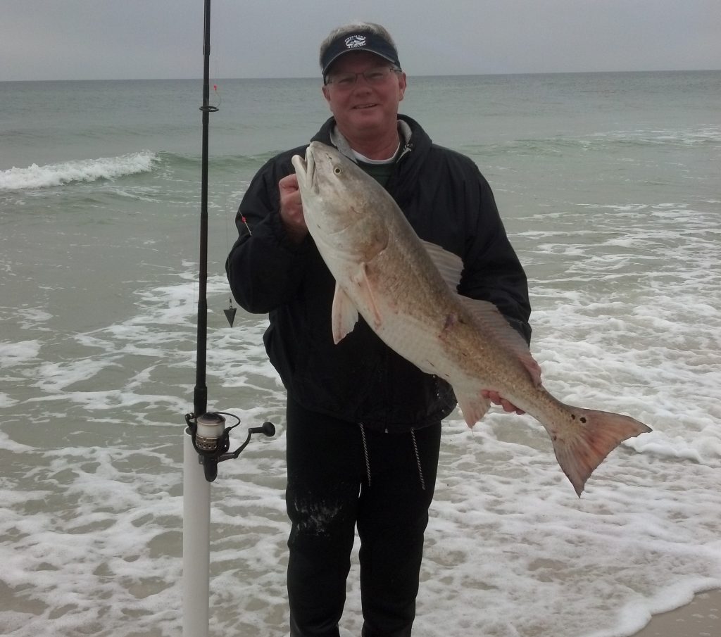 Bull redfish caught while February pier fishing.